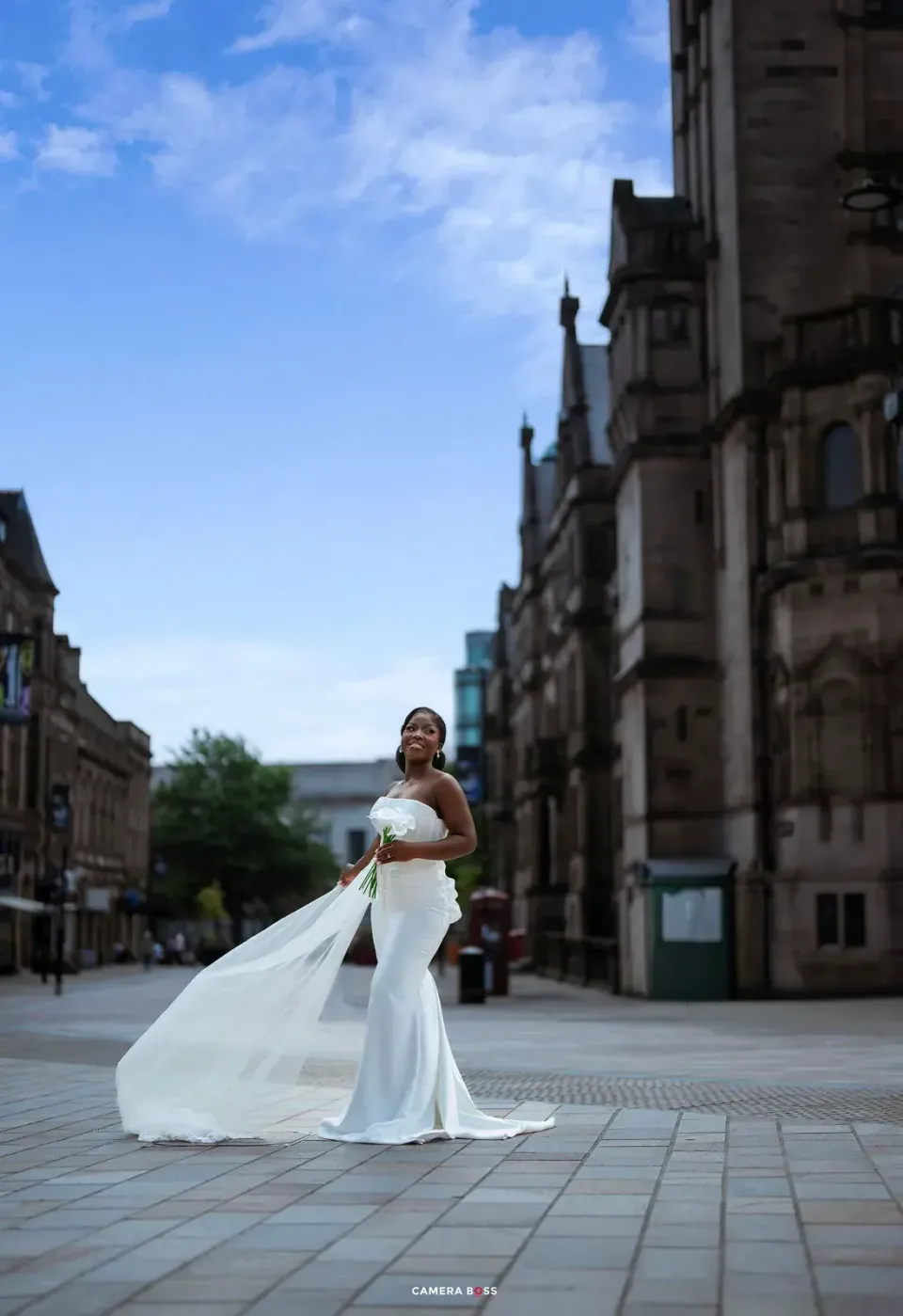Bridal portrait on a city street. CameraBoss portfolio: Opeyemi Wedding Portrait.