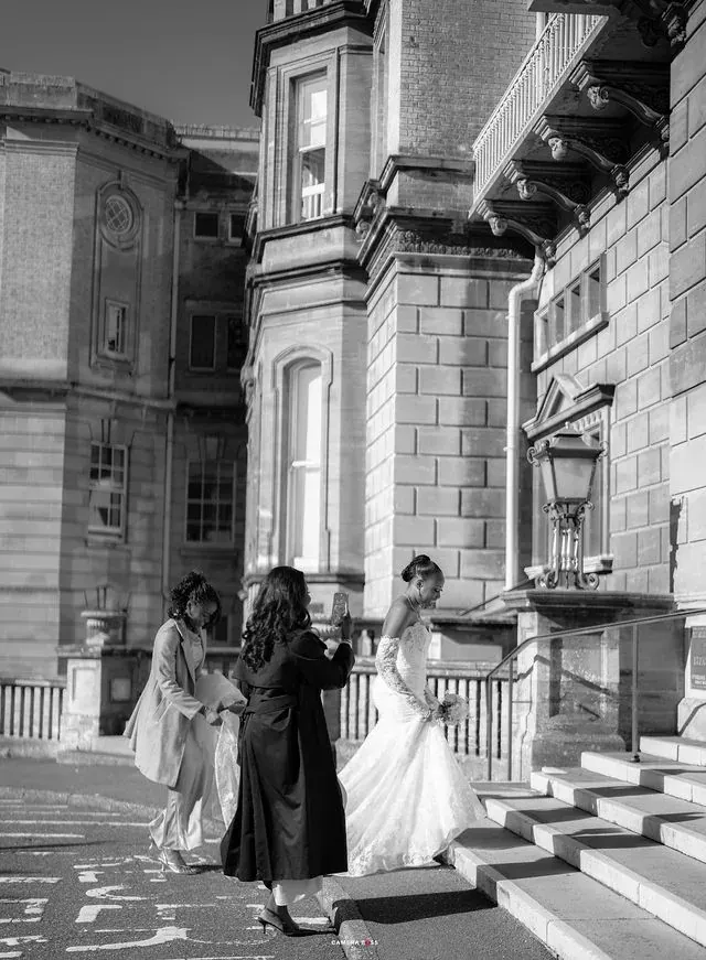 Remi with her bridesmaids outside the building. CameraBoss portfolio: Remi and Daniel’s Bournemouth civil wedding.